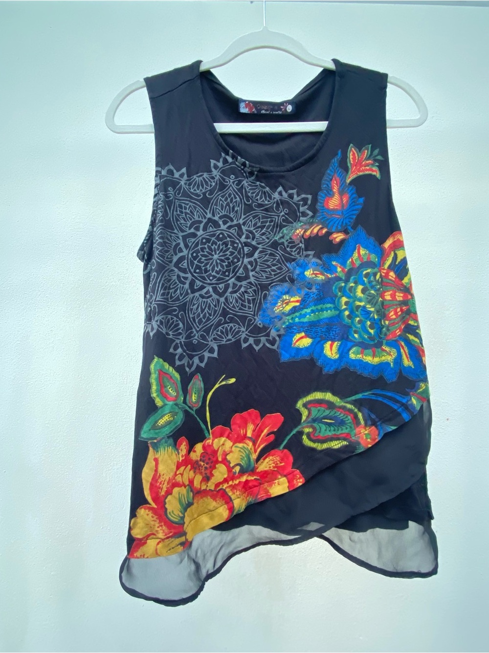 Y2K Euro Desigual Black Multicolor Floral Jersey & Chiffon Tank Top Size Large